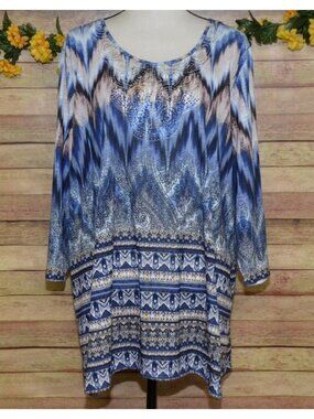Catherines Womens Blue Embroidered Beaded Blouse Tunic Top Plus Size 1X 18 20W